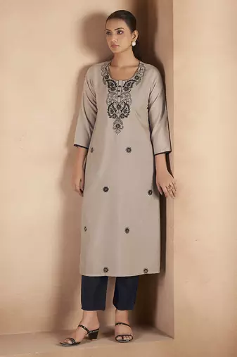 Light brown chikankari embroidered cotton blend kurti