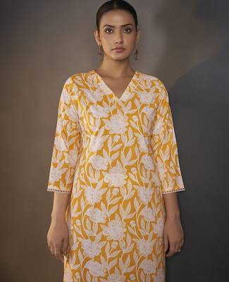 Yellow floral printed pure cotton kurti 4