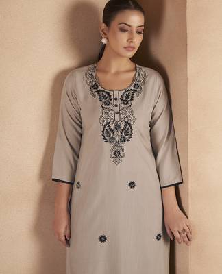 Light brown chikankari embroidered cotton blend kurti 4