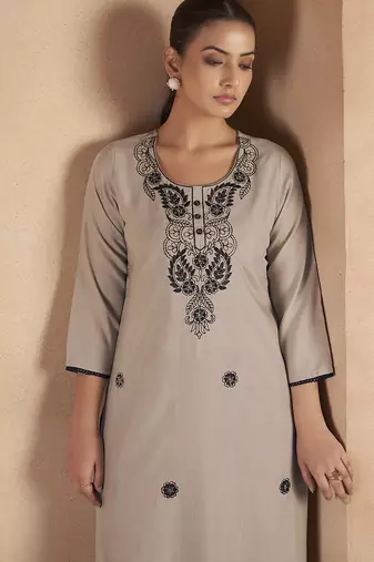 Light brown chikankari embroidered cotton blend kurti