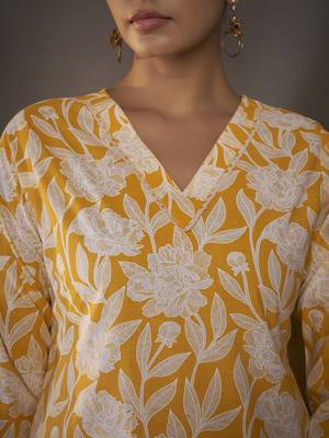 Yellow floral printed pure cotton kurti 5