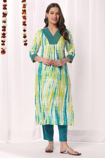 Green printed & embroidered cotton blend kurti with pant 