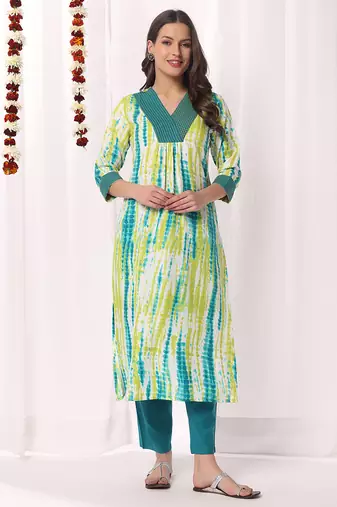 Green printed & embroidered cotton blend kurti with pant 