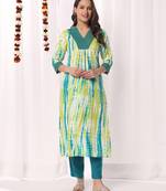 Green printed & embroidered cotton blend kurti with pant 