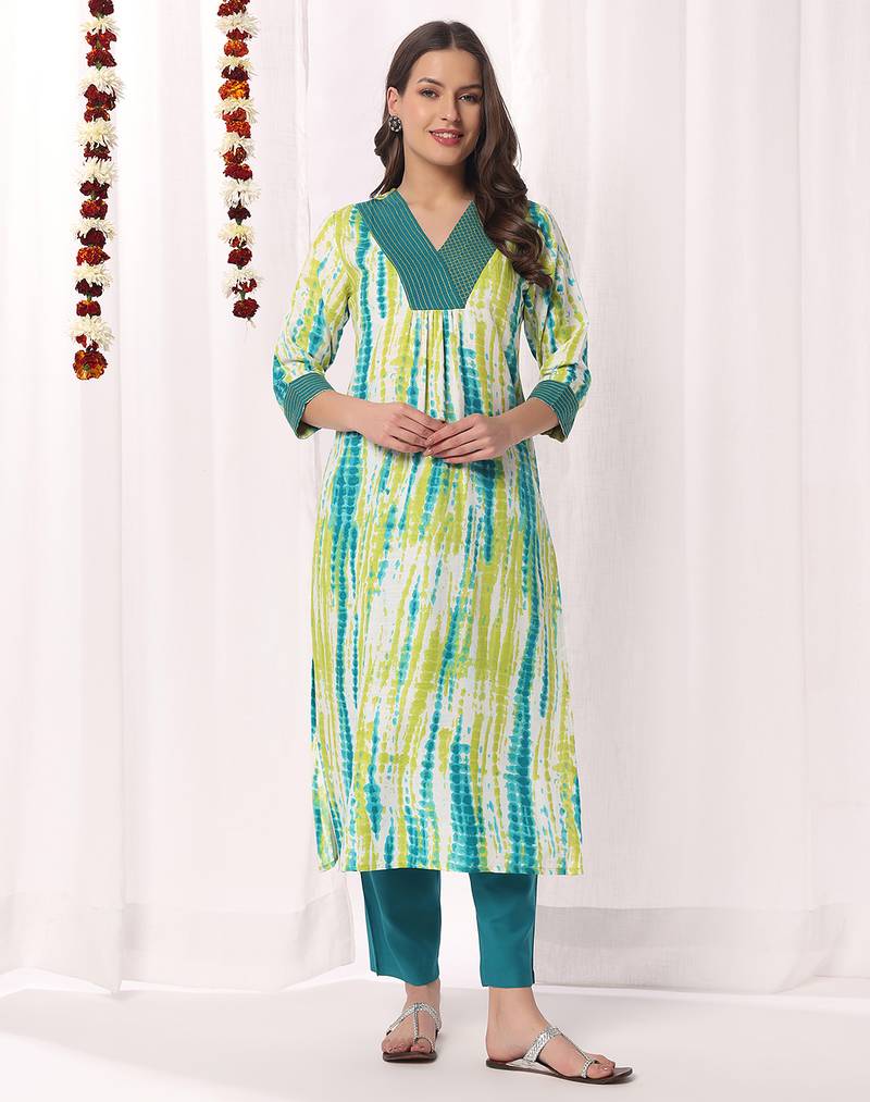 Green printed & embroidered cotton blend kurti with pant 