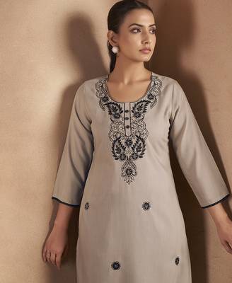 Light brown chikankari embroidered cotton blend kurti 5