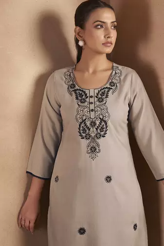 Light brown chikankari embroidered cotton blend kurti