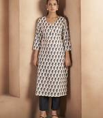 Cream & black paisley printed pure cotton kurti