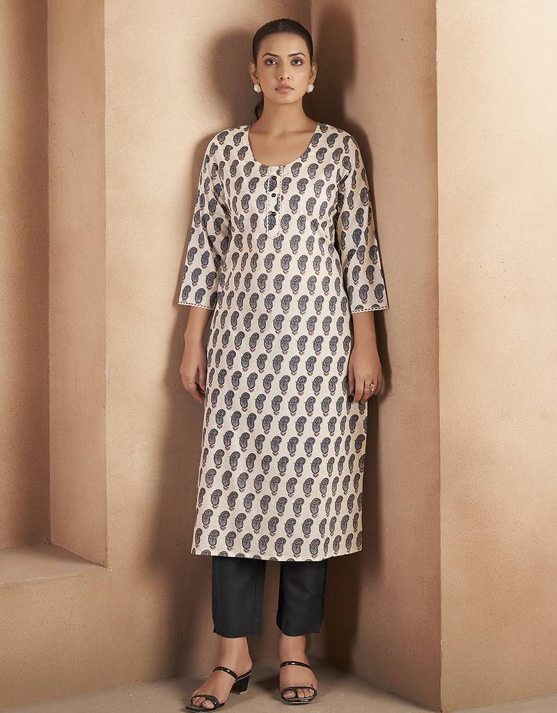 Cream & black paisley printed pure cotton kurti
