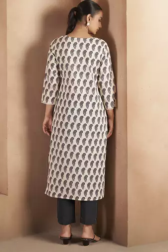 Cream & black paisley printed pure cotton kurti