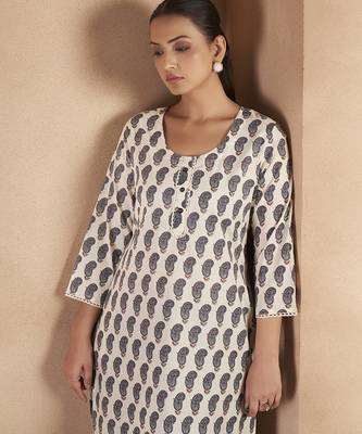 Cream & black paisley printed pure cotton kurti 4
