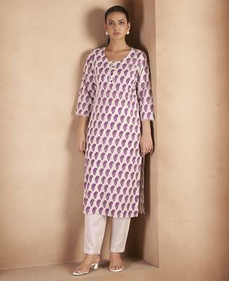 Cream & wine paisley printed pure cotton kurti 1