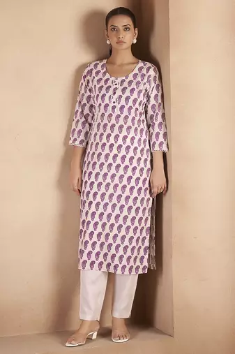 Cream & wine paisley printed pure cotton kurti
