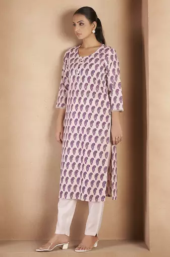 Cream & wine paisley printed pure cotton kurti