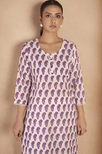 Cream & wine paisley printed pure cotton kurti