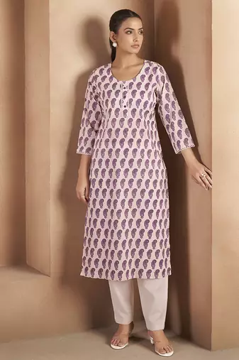 Cream & wine paisley printed pure cotton kurti