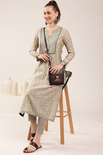 Beige paisley print chanderi kurti