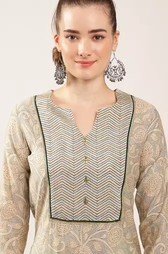 Beige paisley print chanderi kurti