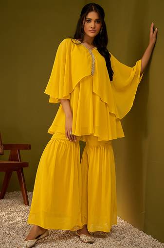 Mustard solid & lace work poly fox georgette kurti with sharara