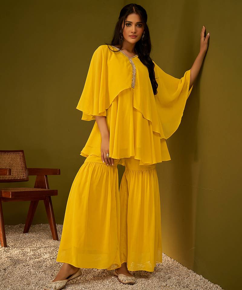 Mustard solid & lace work poly fox georgette kurti with sharara