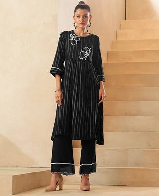 Black foil print embroidered viscose rayon kurti 1