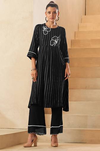 Black foil print embroidered viscose rayon kurti