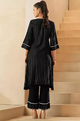 Black foil print embroidered viscose rayon kurti
