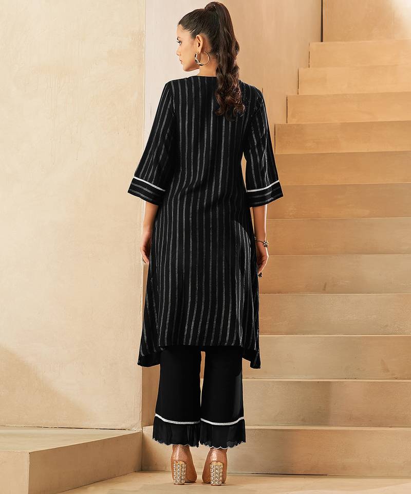 Black foil print embroidered viscose rayon kurti