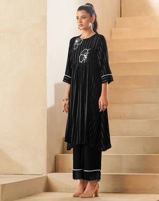 Black foil print embroidered viscose rayon kurti 3
