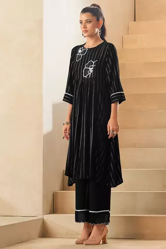 Black foil print embroidered viscose rayon kurti