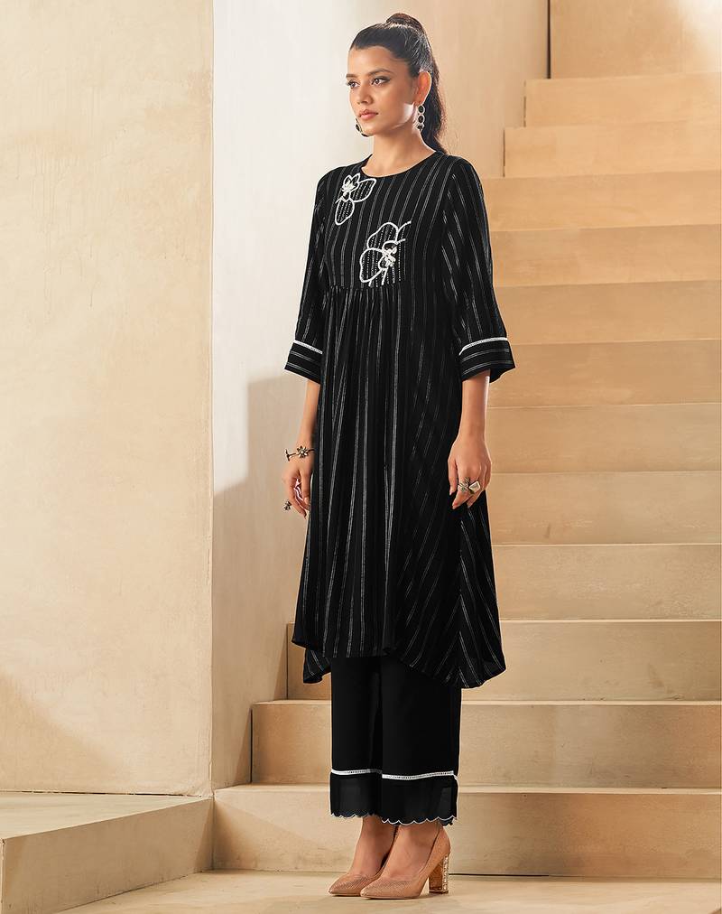 Black foil print embroidered viscose rayon kurti