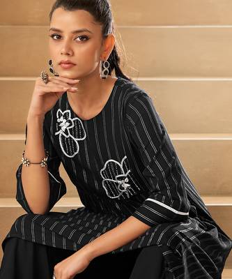 Black foil print embroidered viscose rayon kurti 4