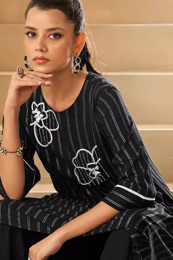 Black foil print embroidered viscose rayon kurti