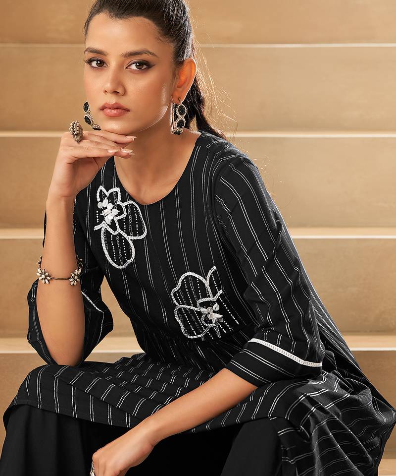 Black foil print embroidered viscose rayon kurti