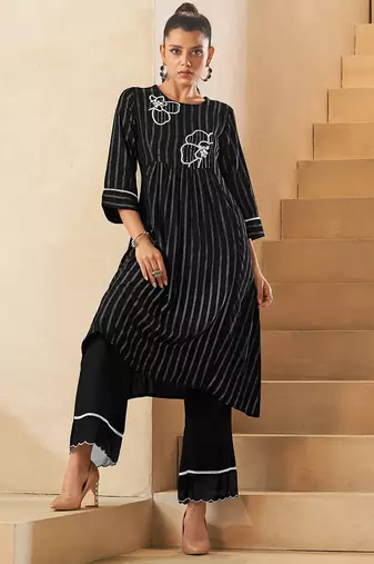 Black foil print embroidered viscose rayon kurti