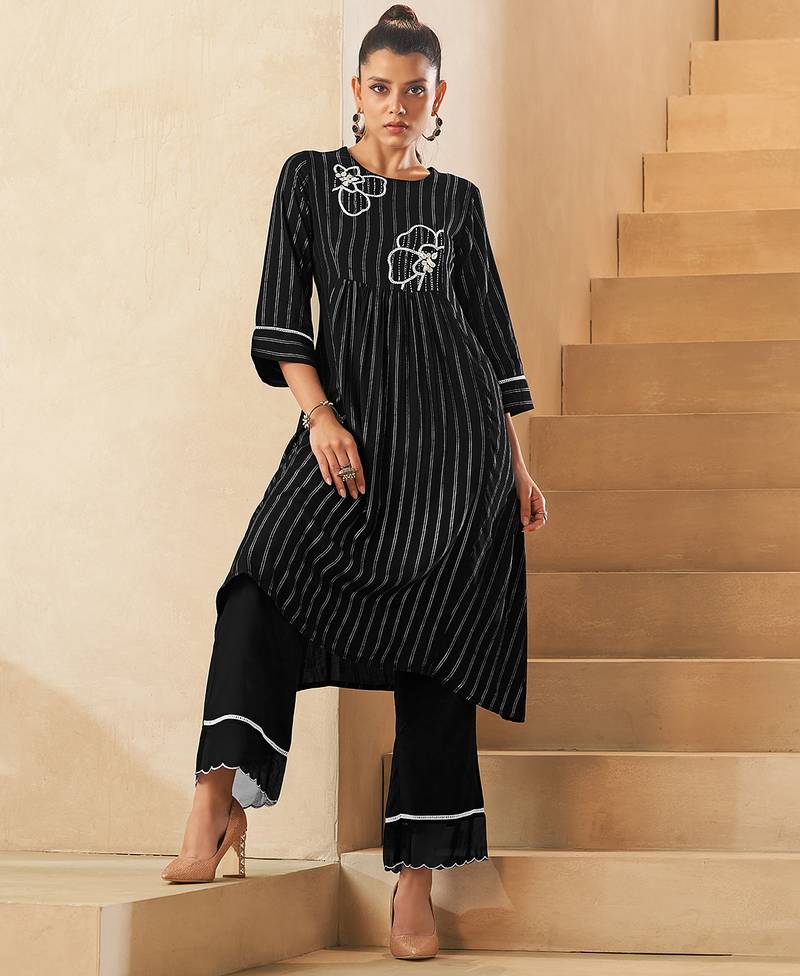 Black foil print embroidered viscose rayon kurti