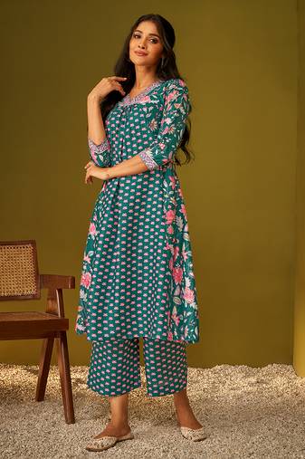 Teal blue floral print poly muslin kurti