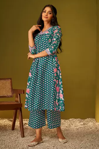 Teal blue floral print poly muslin kurti