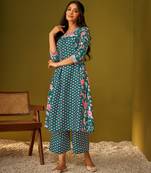 Teal blue floral print poly muslin kurti