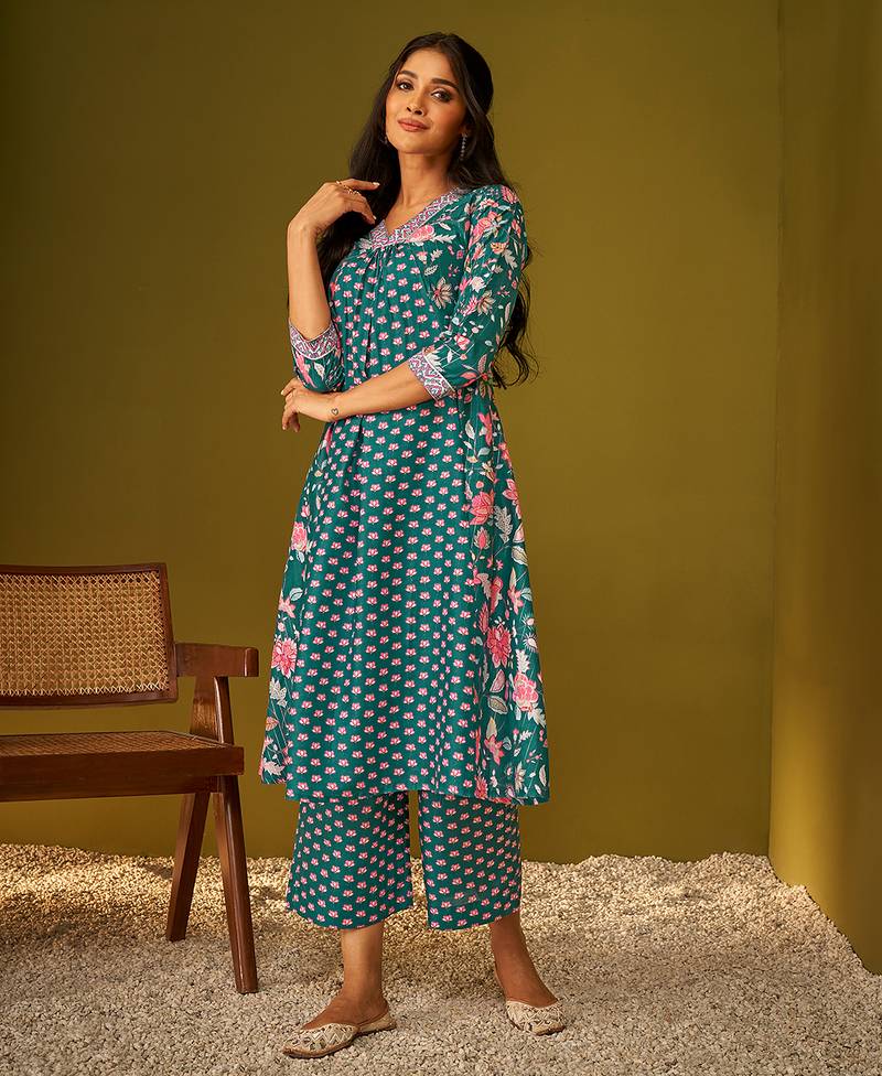 Teal blue floral print poly muslin kurti