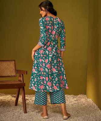 Teal blue floral print poly muslin kurti 2
