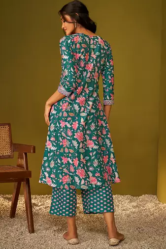 Teal blue floral print poly muslin kurti
