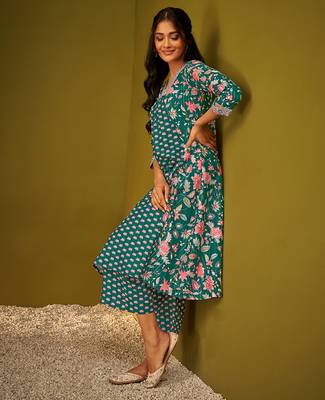 Teal blue floral print poly muslin kurti 3