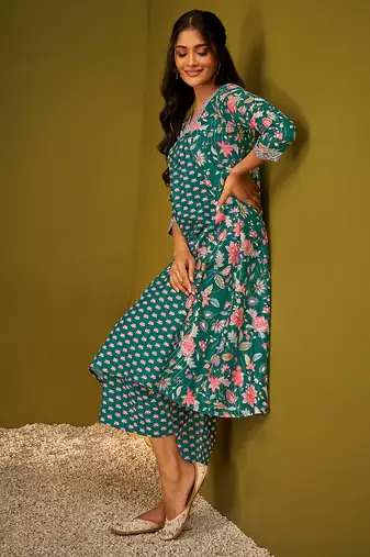 Teal blue floral print poly muslin kurti