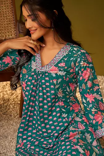 Teal blue floral print poly muslin kurti