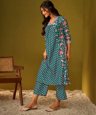 Teal blue floral print poly muslin kurti 5