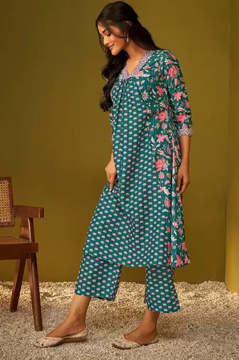 Teal blue floral print poly muslin kurti