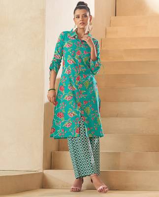 Sky blue floral print pure cotton kurti 1