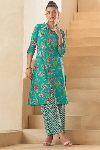 Sky blue floral print pure cotton kurti