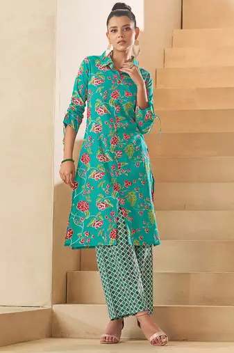 Sky blue floral print pure cotton kurti
